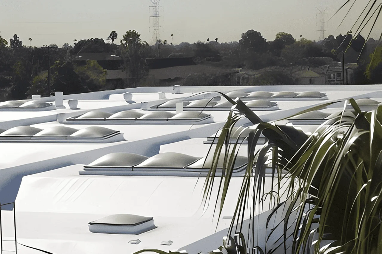 White rooftops with dome-shaped skylights, trees.